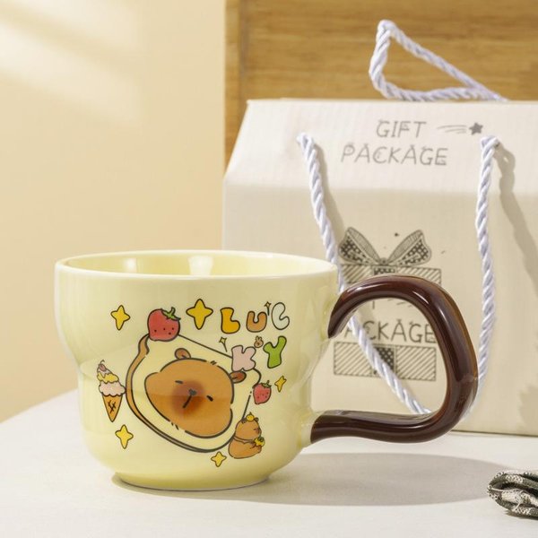 Uroczy Kubek Ceramiczny Kapibara Z ŁYżEczką Kubek Dla Pary Wysoki ŁAdny KreskóWkowy Kubek Kapibara PamiąTka Z UroczystośCi Sklepowej 301-400Ml-image