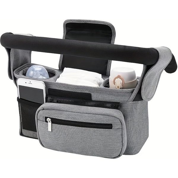 Bolsa Universal Para Cochecito De Bebé Con Portavasos Aislante, Bolsillo Desmontable Para TeléFono, Correa Para El Hombro | PoliéSter Duradero Gris-image