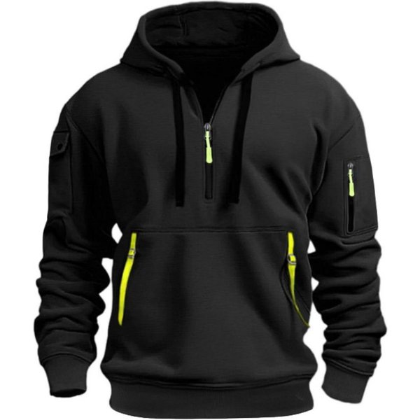 Sudadera Con Capucha Y Bolsillos En Los Brazos Con MúLtiples Cremalleras Para Hombre, Estilo Informal, Para OtoñO E Invierno, De Polar Fino, Con Contraste De Color XXL Negro-image