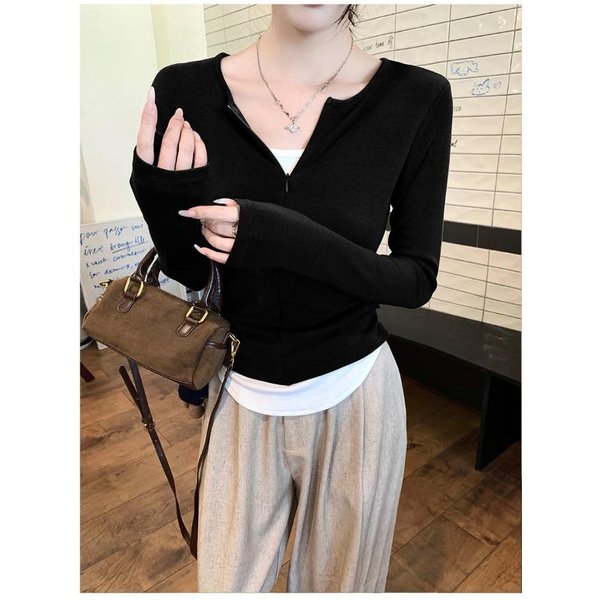 Camiseta De Manga Larga De Dos Piezas Falsas Con Cremallera Para Mujer Primavera Nueva Ajuste CeñIdo Plisada Interior Camiseta BáSica Nicho Top 2XL Black-image