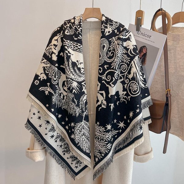 Luksusowy Zimowy Szalik Kaszmirowy Damski - Wzorzysta Pashmina Z FręDzlami, Szal, Chusta, Bandana I Poncho Gray-image
