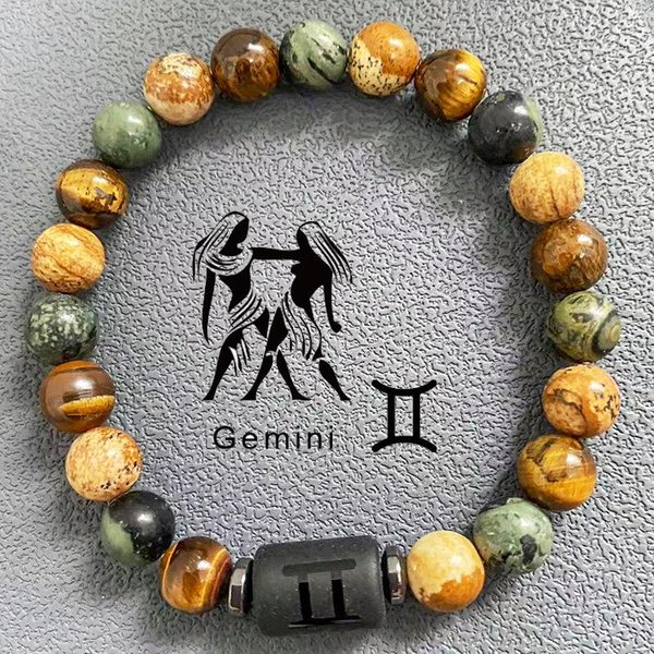 Naturalne Koraliki Bransoletki 12 Horoskop SzczęśCie Naturalny Kamień Tygrysie Oko Zodiak Bransoletka Z KoralikóW Dla Kobiet MężCzyzn Gray-image
