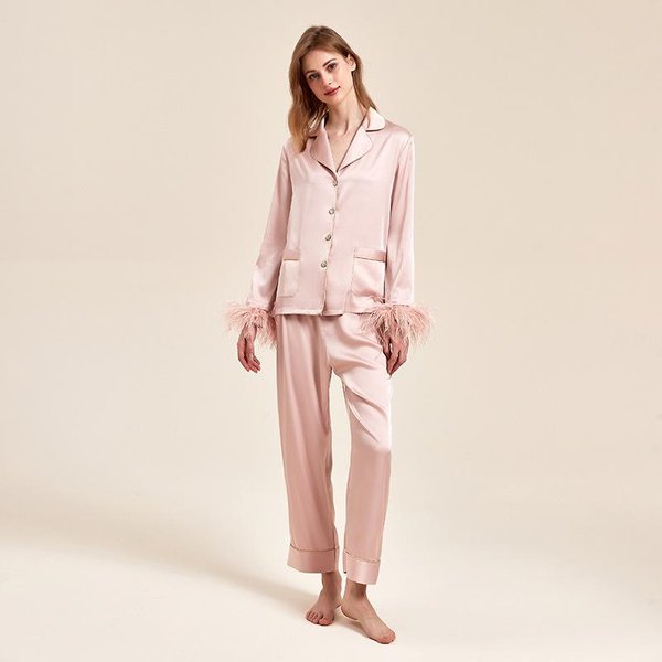 Conjunto De Pijama De SatéN De Plumas Para Mujer, Camisa De Alta Gama, CáRdigan, Pantalones, Ropa Para El Hogar, Pijama Casual Holgado, Ropa Para El Hogar L-image