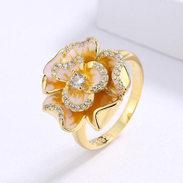JoyeríA De Esmalte Oro Noble Flor De ZircóN Anillo De Flor JoyeríA De Novia Pegamento Hecho A Mano No. 10 Beige-image