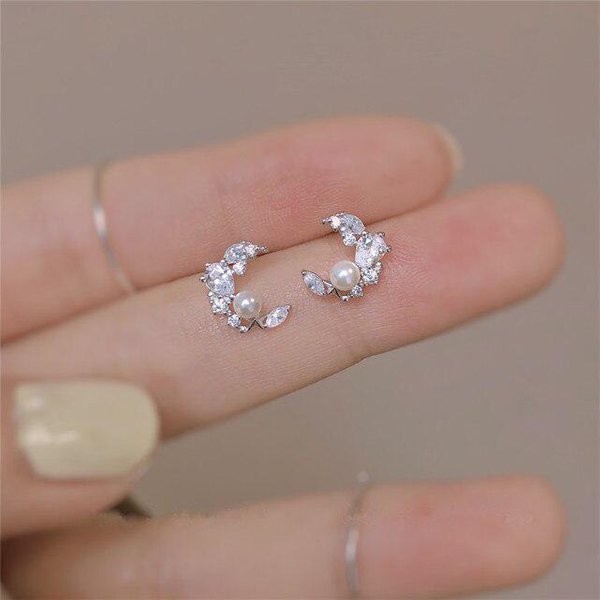Pendientes De Plata De Ley 925 Vintage Cristal FrancéS Perla Luna Chapado Oro 14K Mujer Moda Amuleto Regalo Aniversario JoyeríA Plata-image