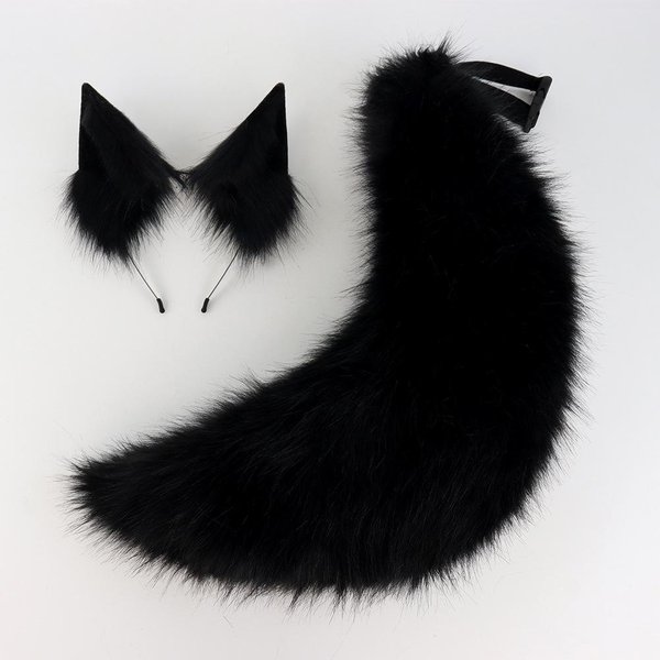 2 Szt./Zestaw Uszy I Ogon Fursuit ZwierzęCy Halloween Party Cosplay Nakrycie GłOwy Pluszowe Zwierzę Ogon Wilka Uszy Lisa Opaska Do WłOsóW Futrzany Pies Ogon COS Gray-image