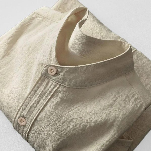 Camisa CláSica Atemporal De AlgodóN Lino Texturizado De Manga Larga Para Hombre Transpirable Cuello Mao Botones Placket Tops Casuales Diarios De Vacaciones En Colores Lisos M Caqui-image