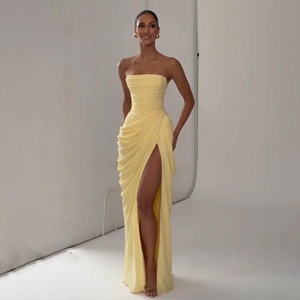 Vestido Sexy Liso Plisado Sin Tirantes Para Mujer Elegante Sin Hombros Espalda Descubierta Cintura Alta Con Abertura Nuevo Vestido De Fiesta Nocturna S-image