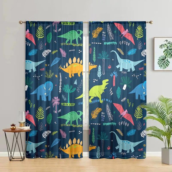 2 Piezas, Cortinas Con Estampado De Dinosaurios De Jurassic Park - 30% Opacas - Adecuadas Para Sala De Estar, Dormitorio Y DecoracióN Del Hogar W150CM H166Cm&Rod Pocket Blue-image
