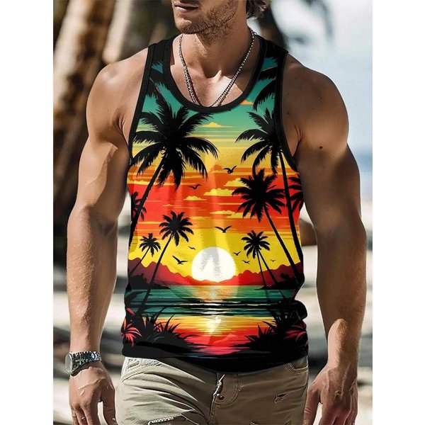 Letni Top Z OkrąGłYm Dekoltem Z Nadrukiem 3D PlażA Drzewa Kokosowe Modny Casualowy Wakacje Na Hawajach Bez RęKawóW Kamizelka MęSkie T-Shirty S Yellow-image