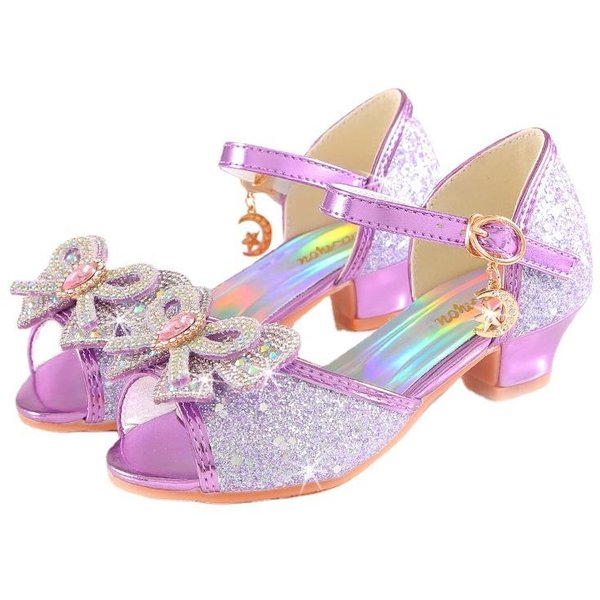 Sandalias De Verano Para NiñAs Con TacóN Moda PedreríA Zapatos Brillantes Con Purpurina NiñOs Princesa Lazo Perla Zapatos De Baile 33 PúRpura-image