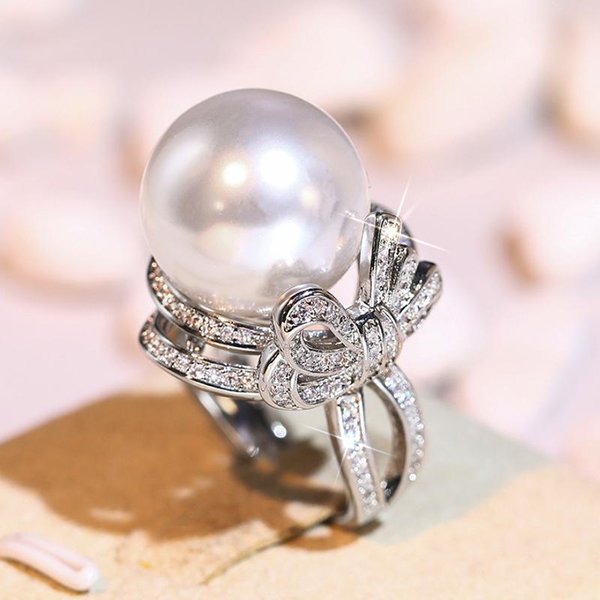 Huitan Precioso Anillo De Dedo Con Lazo Para Dama Elegante Accesorios De Perla Simulada Para Fiesta De Bodas JoyeríA CZ Brillante Para Compromiso 9 Gray-image