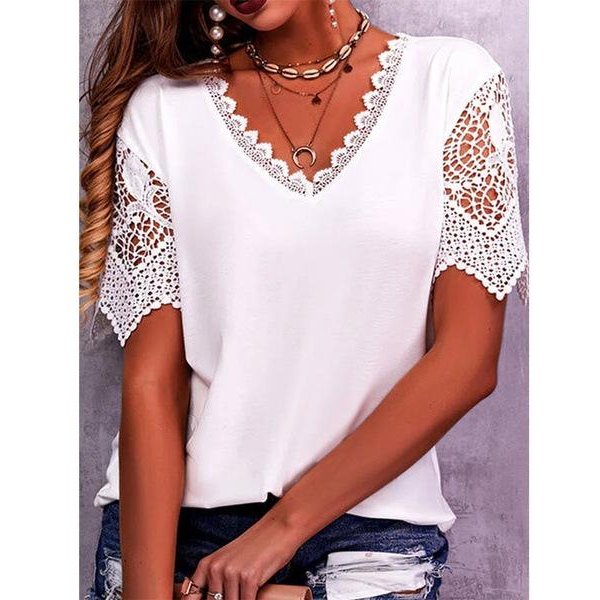 Damski T-Shirt Z Koronkową Wstawką, Dekoltem W Serek, KróTkim RęKawem I LuźNym Krojem M BiałY-image