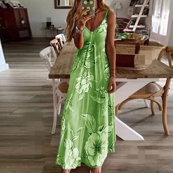 Vestido Lencero Largo Adelgazante Con Estampado Floral Para Primavera Y Verano Para Mujer S Verde-image
