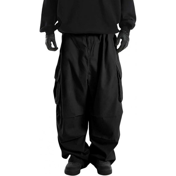 Pantalones Cargo Para Hombre Multibolsillos CordóN Cintura EláStica Vintage Pierna Ancha Hip Hop Ropa De Calle Holgado Color SóLido Exterior PantalóN Largo M Negro-image
