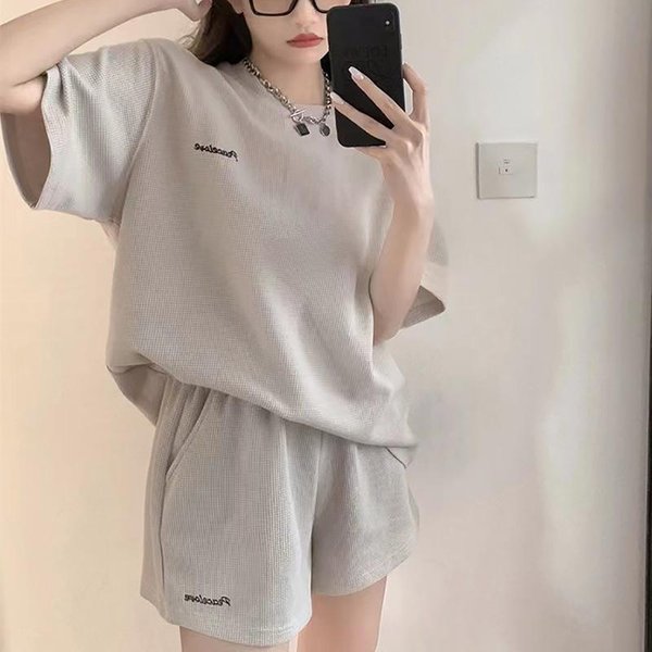 Conjunto Deportivo De Pantalones Cortos Para Mujer Verano Estudiante Suelto Estilo Hong Kong Moda Casual Waffle Conjunto De Dos Piezas Nuevo Estilo L-image