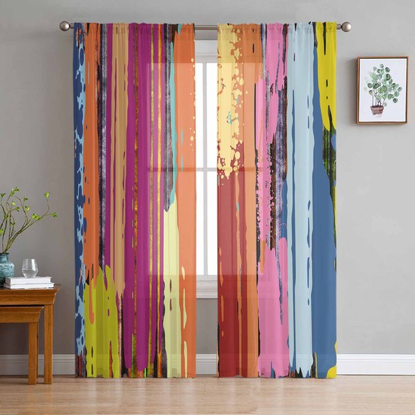 Cortinas Transparentes De Estilo Pintura Al óLeo Modernista Abstracto De Colores Para DecoracióN De Sala De Estar, Cortinas De Ventana, Cortinas De Tul Voile Para Cocina W135 X H115Cm X1 Beige-image