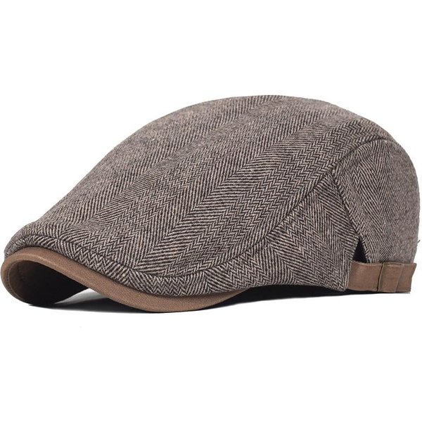 DużY Rozmiar Zimowa Czapka Typu Newsboy MęSka WełNiana Gruba CiepłA Vintage JodełKa Casualowa W Paski Berety Gatsby PłAska Czapka Z Daszkiem Regulowana 59-62 Cm BrąZowy-image