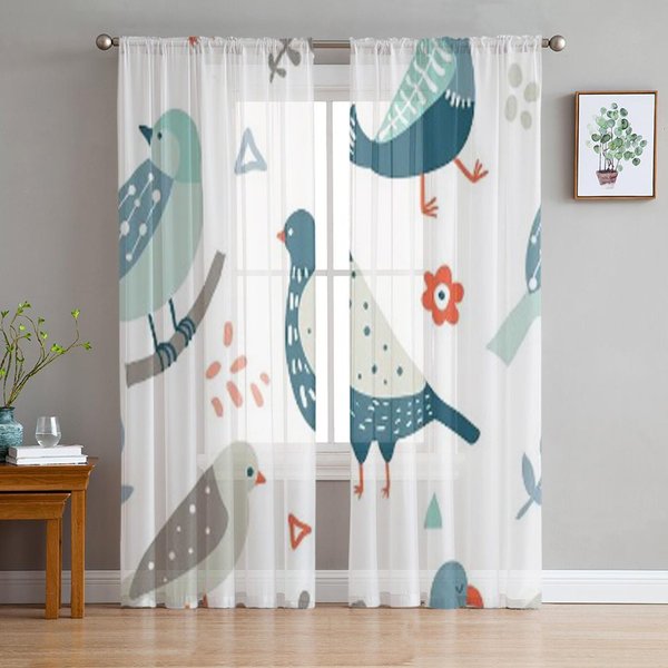 PáJaros Flores Abstracto Garabatos Formas Tul Cortinas Transparentes Para DecoracióN De SalóN Dormitorio Cocina Voile Cortinas De Organza 135W X 114H(Cm) White-image