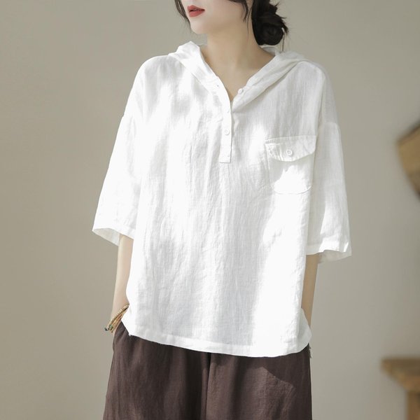 Camiseta De Manga Corta Nueva AlgodóN Y Lino Tops Para Mujer Suelto Simple Literario Original Ajustada Camiseta Para Mujer Mujer 4XL White-image