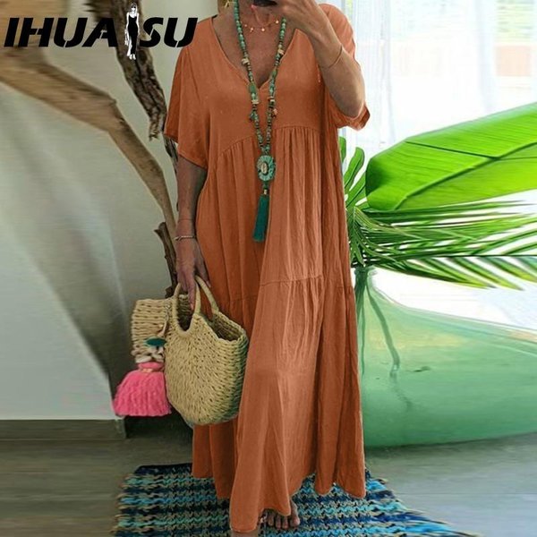 Ihuasu Vestido De Verano De Moda Para Mujer SóLido Cuello En V Talla Grande Suelto Largo Oversize Casual Manga Corta Xxxl Naranja-image