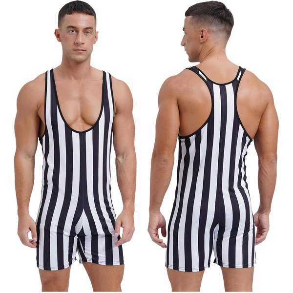 Camiseta De Lucha Libre A Rayas Para Hombre, Calzoncillos Tipo BóXer Ajustados Sin Mangas, Traje De BañO, Mono Deportivo Para Gimnasio Y Fitness 3XL Negro-image