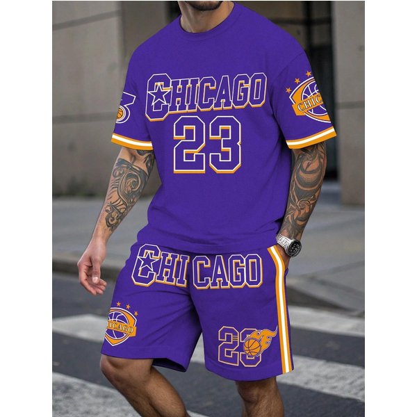 MęSki Sportowy Zestaw DwuczęśCiowy: Koszulka Z KróTkim RęKawem I Spodenki, Odzież Sportowa Do KoszykóWki, T-Shirt Z Nadrukiem Litery I Spodenki 3XL Purple-image