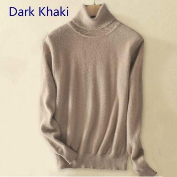 WełNiany Sweter Z Czystego Kaszmiru Damski Dzianinowy Sweter Z Golfem Kaszmirowy Sweter Elastyczność Pull Femme Na Szyję Swetry Z Dzianiny Sweter XL Ciemny Kolor Khaki-image