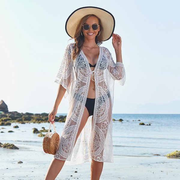 Blusa De Bikini Sexy Hueca Para Playa, CáRdigan Largo De Encaje Protector Solar One Size Blanco-image
