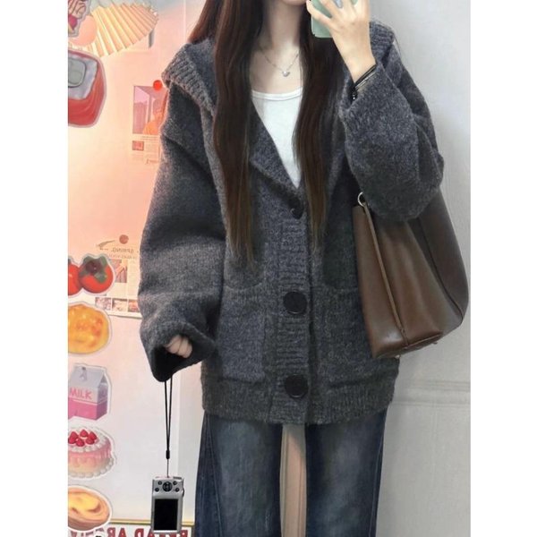 Abrigo CáRdigan Con Capucha Para Mujer OtoñO E Invierno Grueso Holgado Adelgazante Estilo Perezoso SuéTer Tejido Top One Size Gray-image