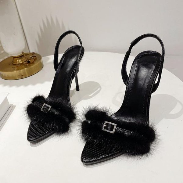 Seksowne Puszyste Futrzane SandałY Slingback Damskie Letnie Szpiczaste Szpilki Wysokie Obcasy CzółEnka Buty Cyrkonie Imprezowa Sukienka Sandalias 33 Gray-image