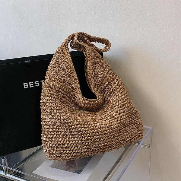 Bolso Tejido De Paja Para Mujer Primavera Y Verano Vacaciones En La Playa Bolso De Playa Bolso De Hombro Gran Capacidad Tejido A Mano Bolso Tipo Cubo Ligero-image
