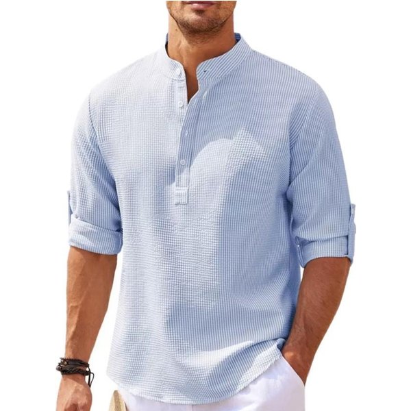 Camisas De Manga Larga De AlgodóN Y Lino Para Hombre, Primavera Y OtoñO, Color Liso, Cuello Alto, Estilo Playero Informal, Talla Grande L Gray-image