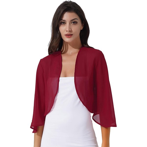 Chaqueta Bolero De Gasa Para Mujer, Frente Abierto, Manga 3/4, CáRdigan Recortado Para Fiesta De Boda L BorgoñA-image