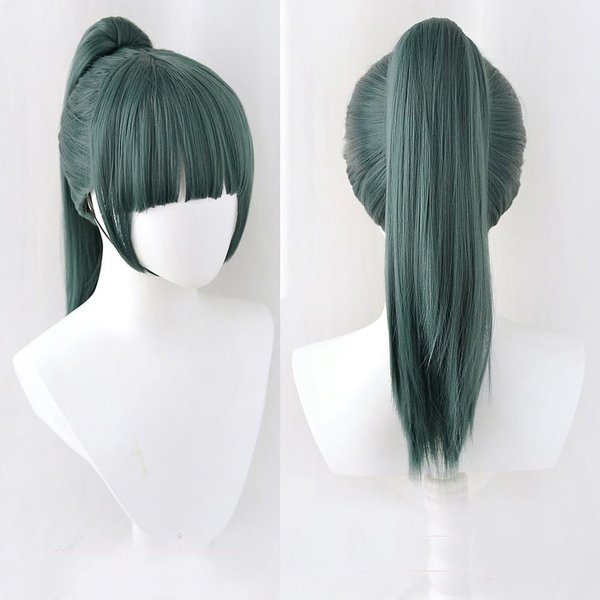 Wysokiej JakośCi Peruka Cosplay Maki Zenin Jujutsu Kaisen 60Cm Ciemnozielona Odporna Na CiepłO WłOsy Syntetyczne Peruki Cosplay Anime + Okulary One Size Black-image