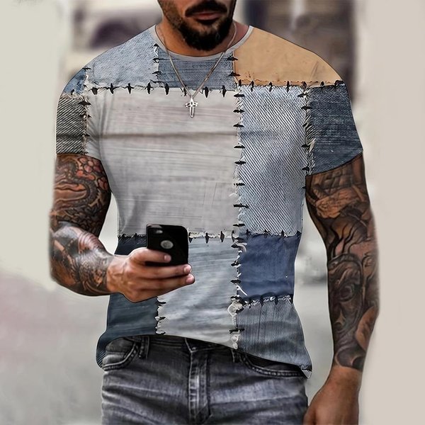 Camiseta Para Hombre Con Estampado GráFico De Patchwork Digital 3D, Camisetas De Manga Corta, CóModas, Informales, EláSticas, Cuello Redondo, Para Actividades Al Aire Libre 5XL Gray-image