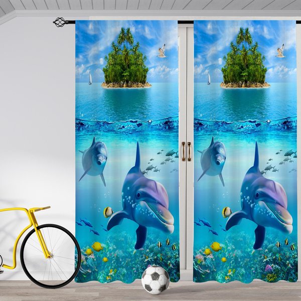 2 Szt. ZasłOny Ze Wzorem DelfinóW Dekoracyjne ZasłOny Okienne Dekoracje Okienne Do Sypialni, Salonu, Dekoracja Domu, Dekoracja Pokoju 100W130H(Cm)40X51In&Rod Pocket Blue-image