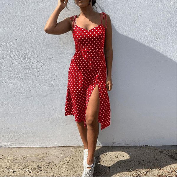 Sukienki Sundress Lato Kobiety Przyczynowe Polka Dot Bez RęKawóW Wysoka Plisowana W Pasie Dekolt W Serek PlażA Sukienka Vestidos De Verano M-image