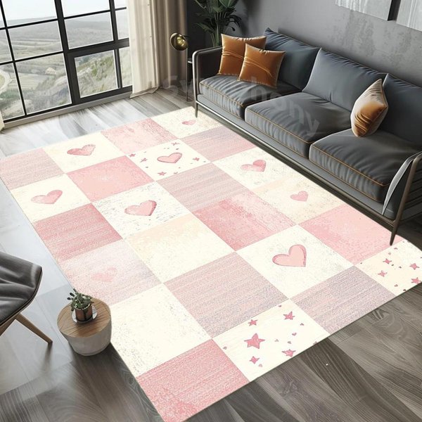 Kratkowany WzóR Serca Dywanik Obszarowy Uroczy SłOdki WzóR AntypośLizgowy Zmywalny Dywan Do Sypialni Salonu Pokoju Dziewczynki Dekoracja Domu 120X160Cm-image