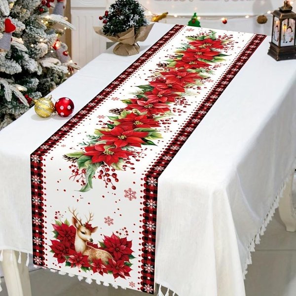 Flor De Pascua De Navidad Alce Camino De Mesa De Lino Para DecoracióN De Mesa Invierno Navidad Copo De Nieve Camino De Mesa Decoraciones NavideñAs Para El Hogar 150X33Cm-image