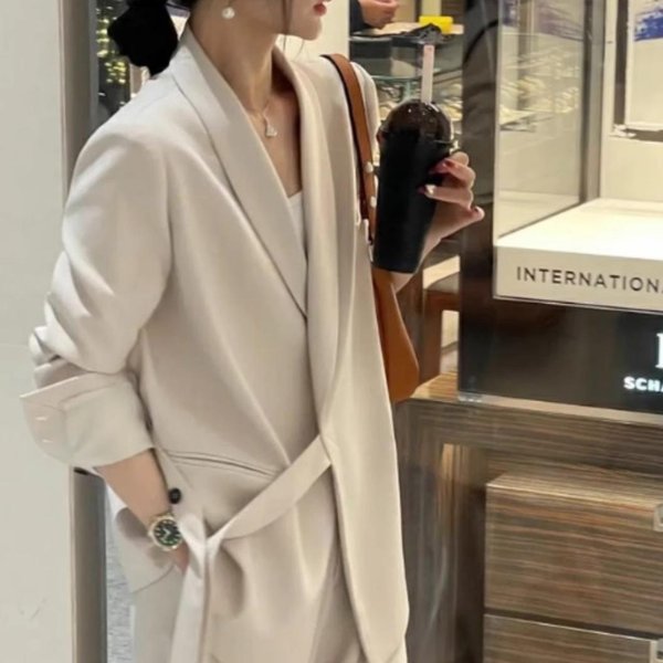 Traje De Nuevo Estilo Primavera Y OtoñO Traje DiseñO Para Mujer Chaqueta De Traje Holgada Ajustada Pantalones De Pierna Ancha Casual Conjunto De Dos Piezas S-image