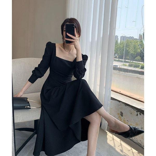 Nuevo Vestido Negro De Manga Larga, Elegante Y Entallado, Con Cuello Cuadrado Estilo Hepburn, Ideal Para Primavera Y Verano. 2XL Gray-image