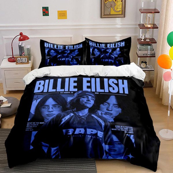 Juego De Cama Azul Billie Eilish Juego De Ropa De Cama Funda NóRdica Funda NóRdica Fundas De Almohada (1*Funda De EdredóN 2*Fundas De Almohada, Sin Relleno De EdredóN) 260X240Cm-image