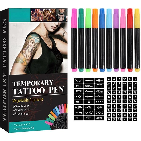 Pluma De Tatuaje Temporal Con Plantillas De Tatuaje, Marcador Corporal, Amigable Con La Piel, 10 Colores Para Pintura De Arte Corporal, Pluma De Dibujo-image