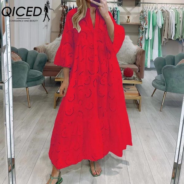 Qiced 8 Colores S-5XL Moda Mujer Verano Primavera Color SóLido Estampado Manga 3/4 Cuello En V Vestidos Casuales S Red-image