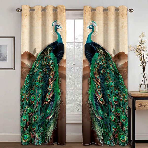 ImpresióN Digital 3D Vintage Pluma De Pavo Real Con Flor Moderna Cortina De Ventana De Lujo Para Sala De Estar Dormitorio Cortinas Estampadas 2 Uds W60H60(Cm)X2Pcs&Grommet Top-image