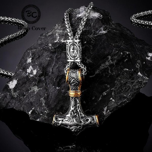 Nordyccy Wikingowie Thor 'S Hammer Mjolnir Skandynawski Runiczny Amulet Naszyjnik ŁAńCuch Ze Stali Nierdzewnej Vegvisir Kotwica Wisiorek MęSka BiżUteria 60Cm Black-image