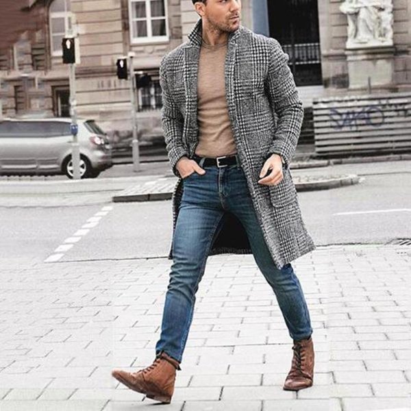Abrigo De Lana Para Hombre OtoñO E Invierno Abrigo Trench A Cuadros Mediano Y Largo L Gray-image