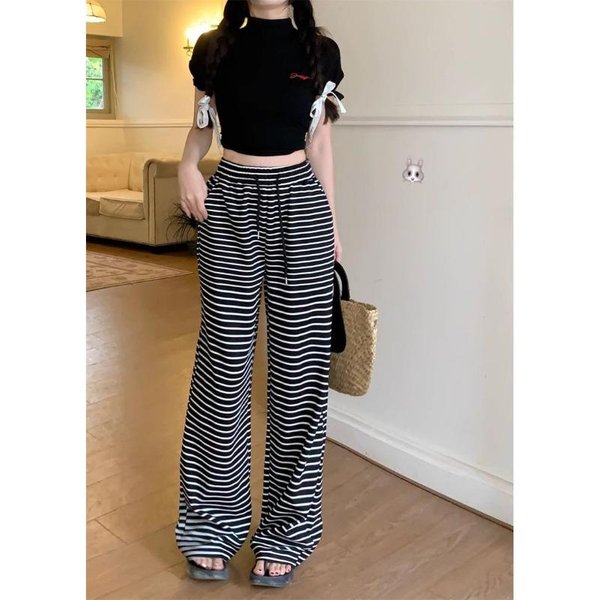 Nuevos Pantalones De Verano A Rayas De Pierna Ancha Para Mujer DiseñO Casual Holgados CaíDa Pantalones Franceses Rayas Verticales Blancas Y Negras 2XL Negro-image