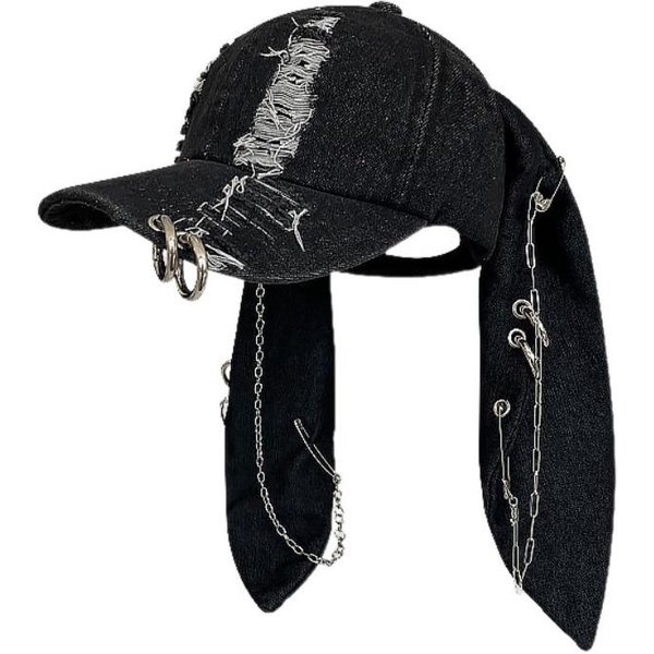 Gorra De BéIsbol Orejas De Conejo Color Oscuro DiseñO Desgastado Ajustable Gorra Tendencia Y2K Vaquera Street Wear Gorra De BéIsbol Estilo Moderno Black-image